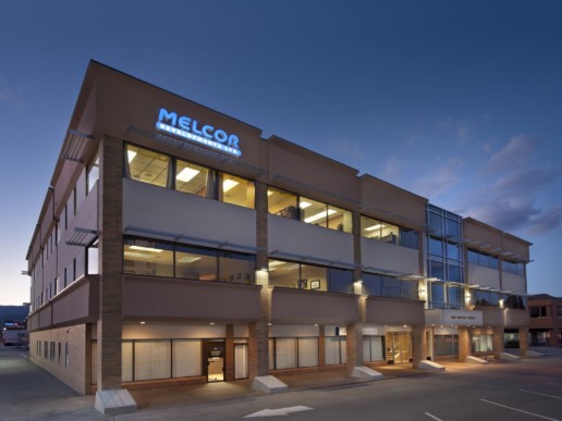 Kelowna location redeveloped by Melcor, this building glows with the dawn. Office property in Kelowna, called Richter Street.